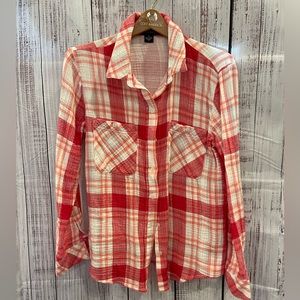 Pink, white and light blue plaid spring/summer button-down shirt. 100% cotton.